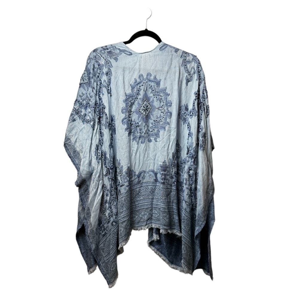 Chico's One Size Kimono Blue Open Cardigan 3/4 Sleeves Embroidered Beaded Sequin - Picture 7 of 10